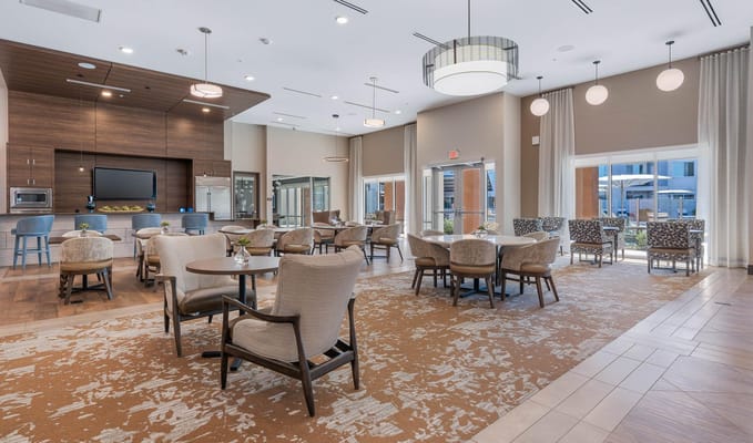 Bright dining area with comfortable seating