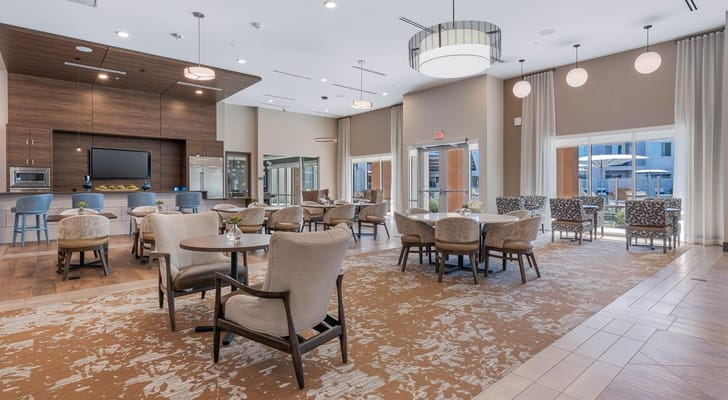 Bright dining room with modern decor and seating