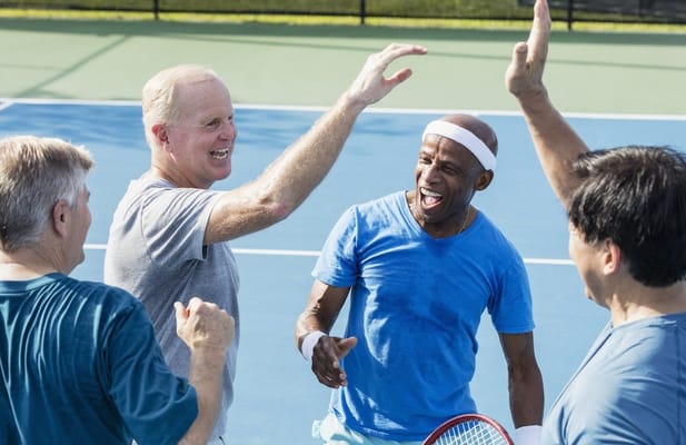 Seniors enjoying a friendly tennis game outdoors