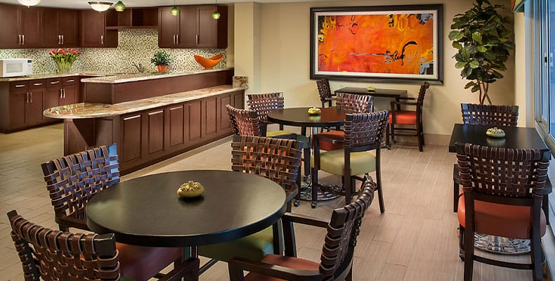 Bright common area with modern decor and seating