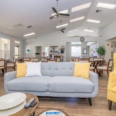 Cozy common area with seating and dining tables