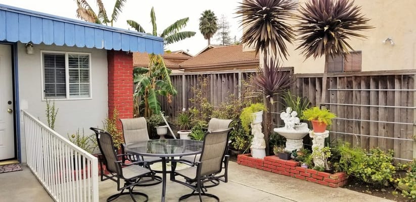 Outdoor seating area with plants and a fountain