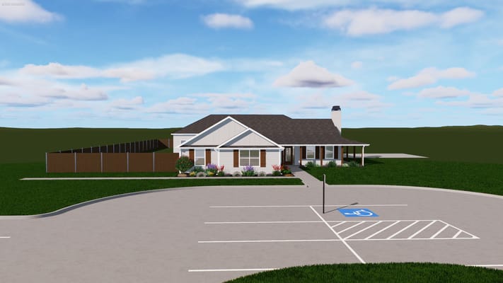 Exterior view of the assisted living facility with landscaping