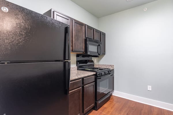 Clean and modern kitchen with black appliances