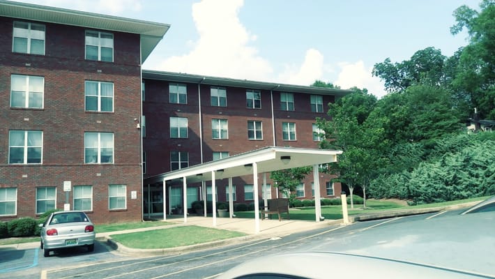 Exterior view of the entrance to Villa Maria Apartments