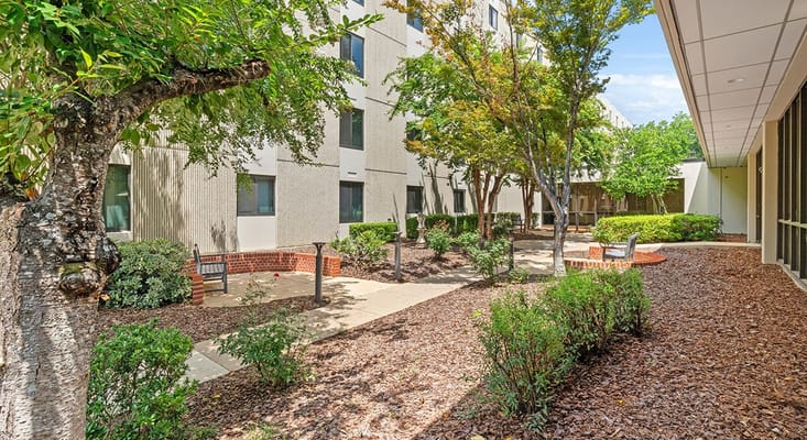 Garden path surrounded by greenery and seating at Seton Haven.
