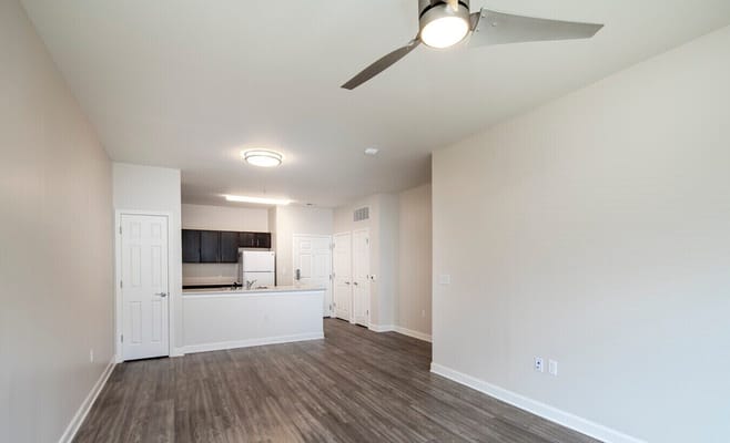 Bright living area with wooden floors and modern kitchen