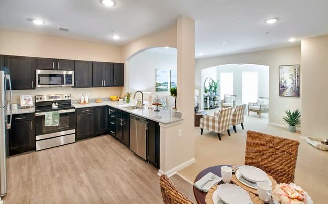 Modern kitchen and living area in a senior residence