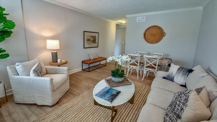 A bright interior living space with a sofa and dining area