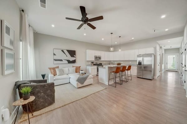 Modern interior of a living room and kitchen