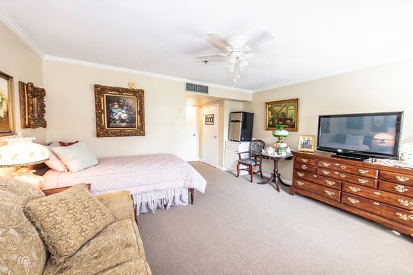 A cozy living room with a bed, sofa, and television in Riverside Senior Living.