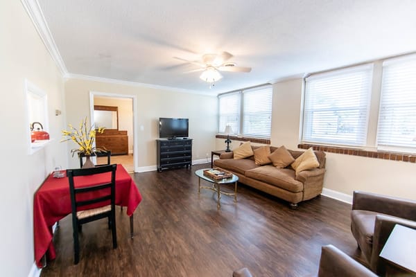 Comfortable living room with a couch and dining table