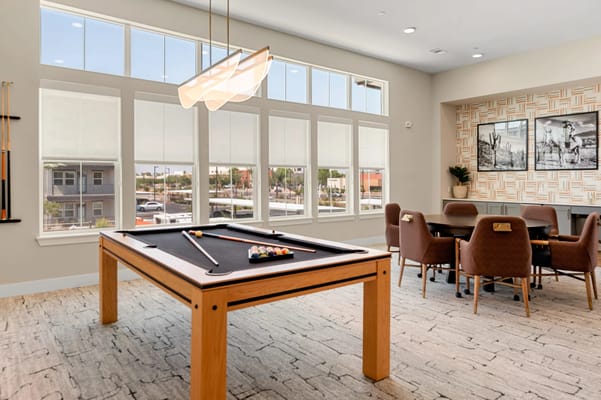 Interior view of a common area with a pool table