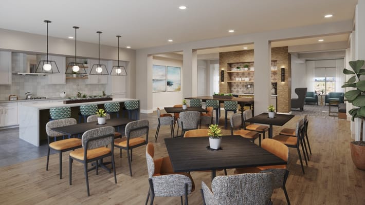 Bright dining area with tables and chairs in a modern setting