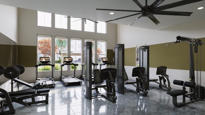 A modern gym with exercise equipment and large windows