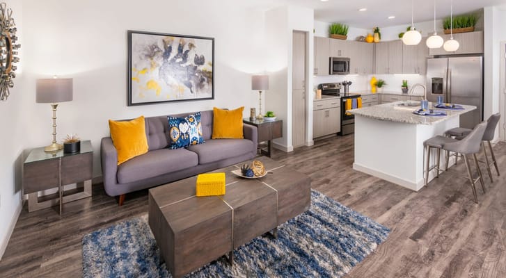 Modern living room with a kitchen in the background, featuring gray furniture and decorative accents.