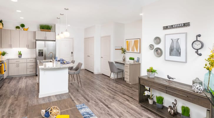 Bright kitchen and living area with contemporary decor