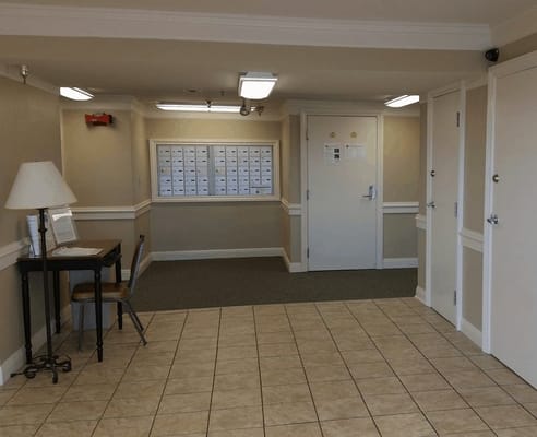 Bright interior hallway with a table and mailboxes