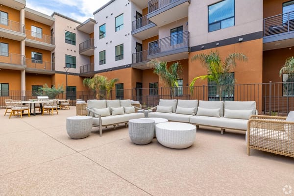 Outdoor seating area with modern furniture