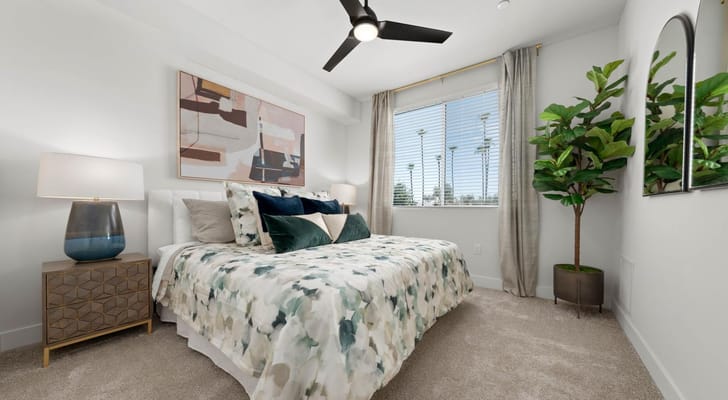 Cozy bedroom with a decorative plant and artwork