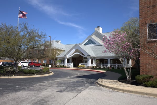 Exterior view of a senior living facility entrance