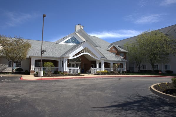 Exterior view of the entrance to a senior living facility