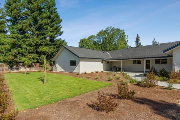 Outdoor space with green lawn and pathway.