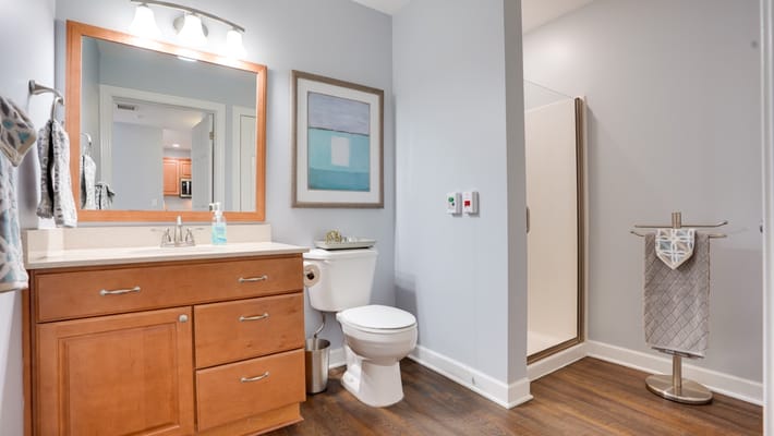 Well-lit bathroom with modern fixtures and decor