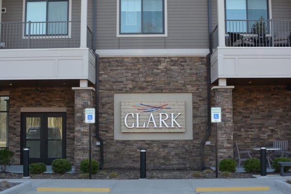 Building facade with facility logo