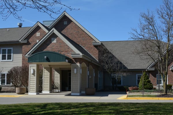 Exterior view of a senior living facility entrance
