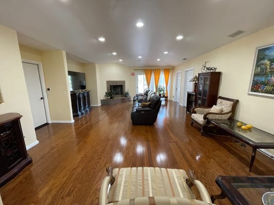 Bright common area with seating and decor