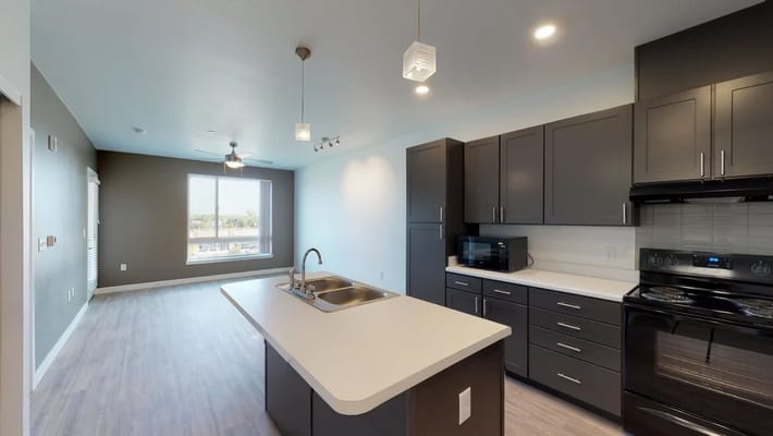A modern kitchen and living area in a residence