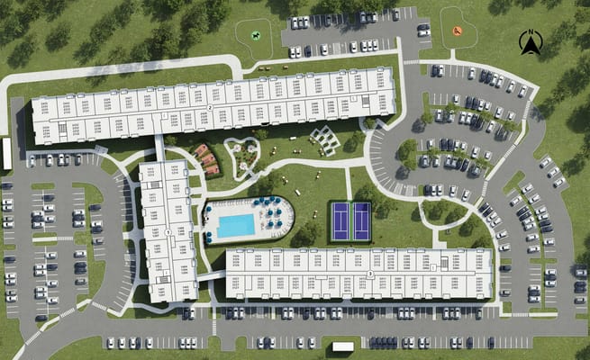Aerial view of the facility layout with outdoor amenities