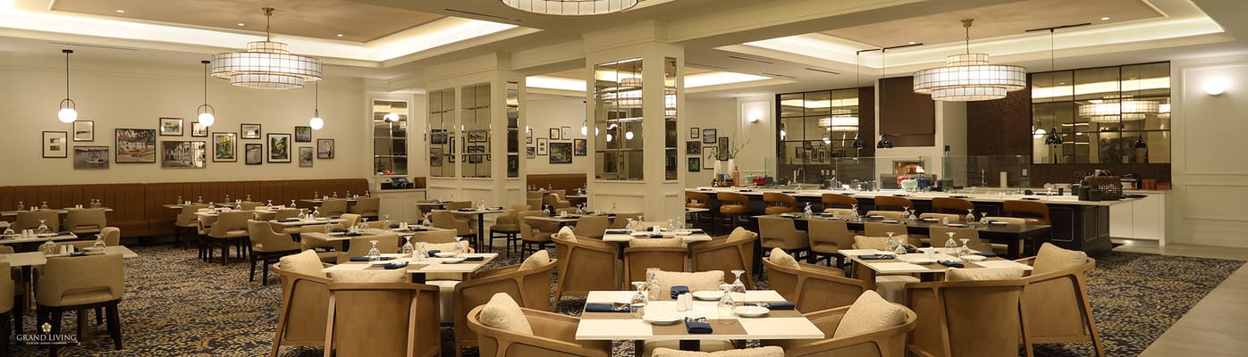 Dining area with set tables and elegant decor