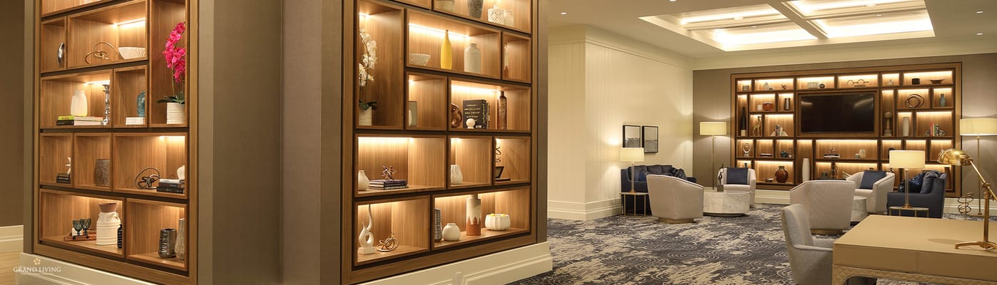 Brightly lit common area with elegant decor and seating