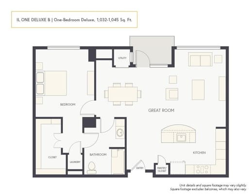Architectural floor plan for a one-bedroom unit