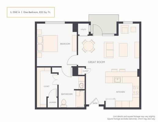 Clear architectural floor plan of a one-bedroom unit