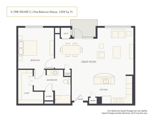 Architectural floor plan of a one-bedroom deluxe unit