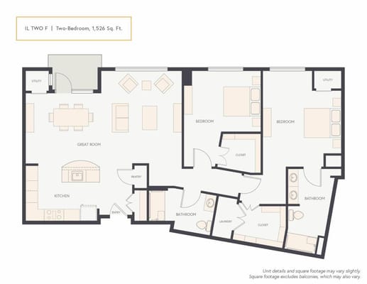 Architectural floor plan of a two-bedroom unit