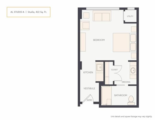 Architectural floor plan of a studio unit