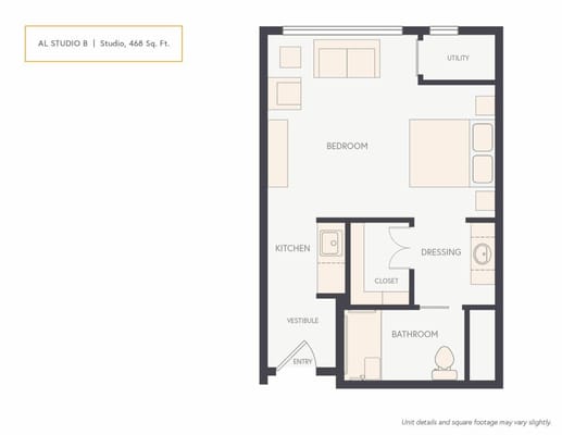 Architectural floor plan of a studio apartment