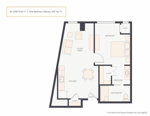 Architectural floor plan for a one-bedroom deluxe unit