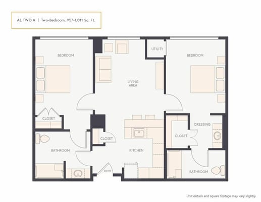 Architectural floor plan of a two-bedroom unit