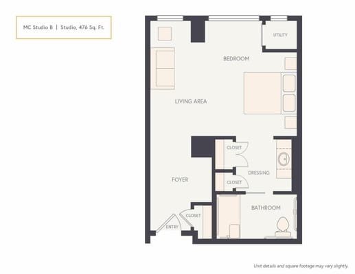 Architectural floor plan of a studio apartment