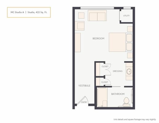 Architectural floor plan of a studio apartment