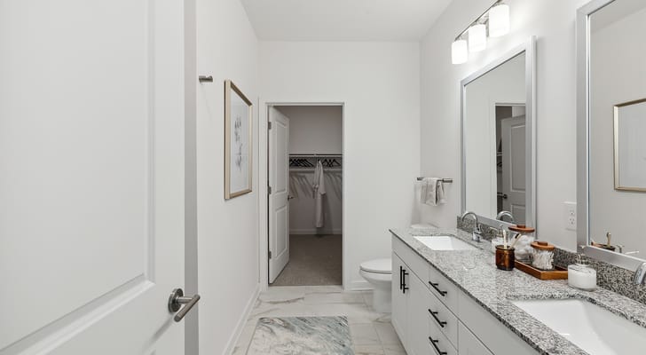 Bright bathroom in a senior living facility with modern finishes
