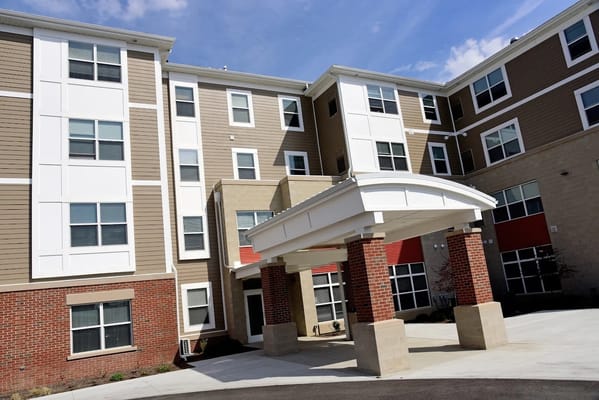 Exterior view of a senior living facility entrance