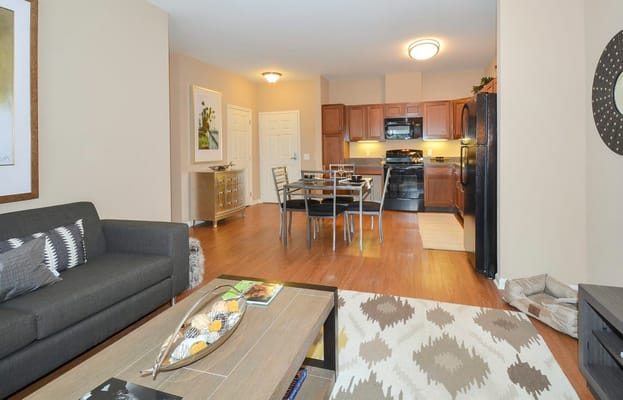 Interior view of a modern living space with kitchen