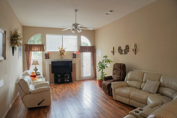 Interior view of a common area with seating.