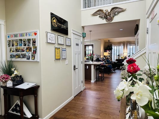 Interior view showing decorations and residents in a common area